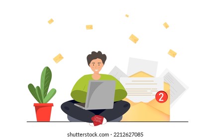 Happy young man sending or receiving e-mail with laptop, man sitting near large envelope, e-mail service, e-mail marketing, communication concept, flat vector illustration