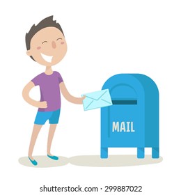 Happy young man sends mail. Flat illustration. Vector stock.