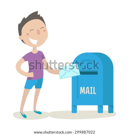 Happy young man sends mail. Flat illustration. Vector stock.