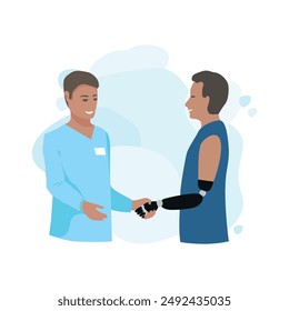 A happy young man shakes the doctor’s hand and thanks him for treatment, prosthetics and adaptation. Thanks to the doctors and nurses. Vector illustration on a white background.