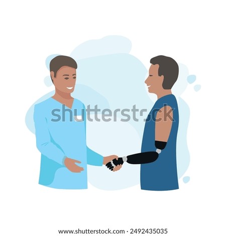 A happy young man shakes the doctor’s hand and thanks him for treatment, prosthetics and adaptation. Thanks to the doctors and nurses. Vector illustration on a white background.