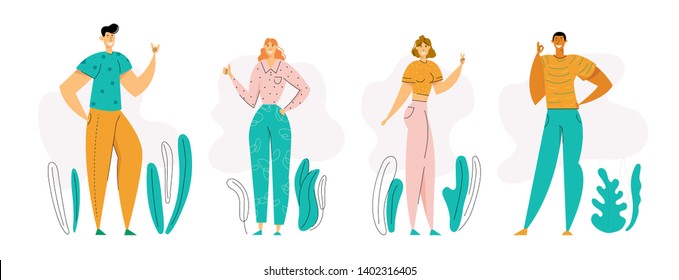 Happy Young Man Showing Gesture Rock and Okay. Girl Gesturing Thumb Up and Victory Sign with Fingers. Male and Female Characters with Positive Face Expression. Vector flat illustration