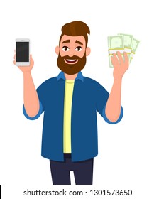 Happy young man showing or holding a mobile, cell, smart phone and bunch of cash, money, dollar, currency, bank notes in hand. Mobile banking and digital payment concept illustration in cartoon style.