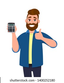 Happy young man showing or holding a digital calculator device in hand and gesturing, making thumbs up sign. Good, like, positive, agree, modern technology lifestyle, gadget concept in cartoon style.