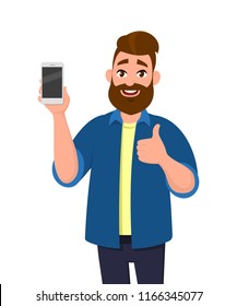 Feliz joven mostrando smartphone y mostrando pulgares hacia arriba o como signo. Concepto de tecnología de telefonía móvil. Ilustración vectorial al estilo de las caricaturas.