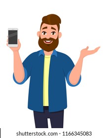 Happy young man showing smartphone and showing hand gesture to copy space  for presenting something . Mobile phone technology concept. Vector illustration in cartoon style.