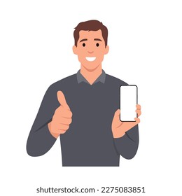 Happy young man showing smartphone and showing thumbs up or like sign. Mobile phone technology concept. Flat vector illustration isolated on white background