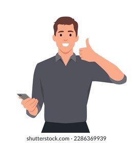 Happy young man showing smartphone and showing thumbs up or like sign. Mobile phone technology concept. Flat vector illustration isolated on white background