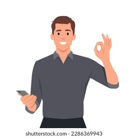 Joven feliz mostrando el smartphone y mostrando la señal de "OK o O". Concepto de tecnología de telefonía móvil. Ilustración vectorial plana aislada en fondo blanco