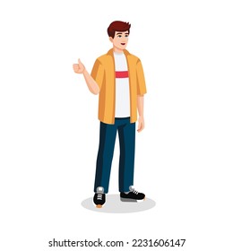 Happy Young Man Showing thumbs up. Guy shows Thumbs Up Sign with Finger. Male Character with Positive Face Expression. Approval concept. Vector flat illustration cartoon style.