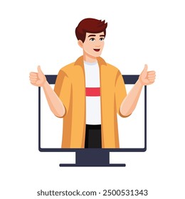 Happy Young Man is Showing thumbs up with both hands from computer monitor. Vector flat illustration cartoon style.