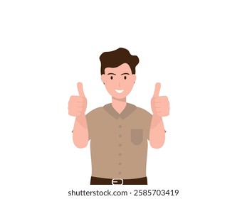 Happy young man showing thumbs up with both hands and smiling. Cartoon, vector and illustration.