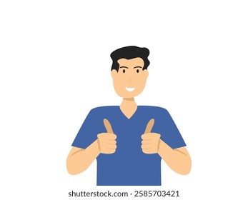 Happy young man showing thumbs up with both hands and smiling. Cartoon, vector and illustration.