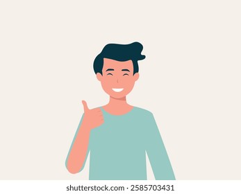 Happy young man showing thumbs up with smile. Cartoon, vector and illustration.