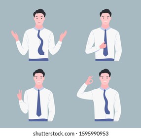 Happy young man shows gestures set. Gesture like, cool, okey, oops, victory. Trendy flat cartoon style. Vector illustration.