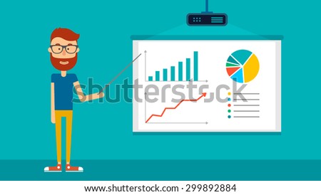 Happy young man shows presentation on projection screen. Flat illustration. Vector stock.