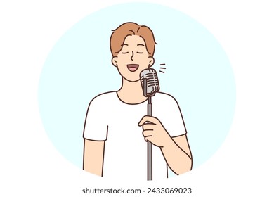Happy young man singing in microphone on stage. Smiling guy enjoy karaoke night in club. Entertainment and hobby. Vector illustration.