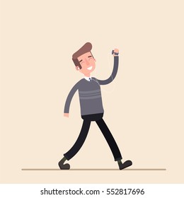 Happy young man singing while listening to music on headphones. Happy concept. Modern style.