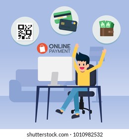 Happy young man sit in front computer, online payment with QR code, credit card, wallet and money for e-commerce. Shopping online. Vector illustration
