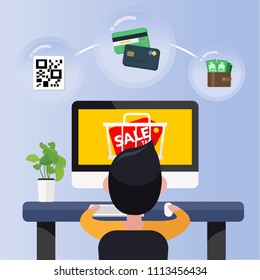 Happy young man sit in front computer with online sale promotion and cart icon. Online shopping concept. Flat vector illustration