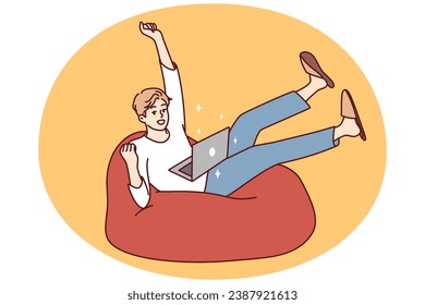 Happy young man sit on sofa triumph win lottery online on computer. Excited guy use laptop feel euphoric with good news online on victory. Vector illustration.