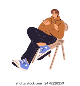 Happy young man sits on wooden chair and leans on the back. Calm person in casual hoody relaxes on comfortable seat, crosses legs, arms, waiting. Flat isolated vector illustration on white background