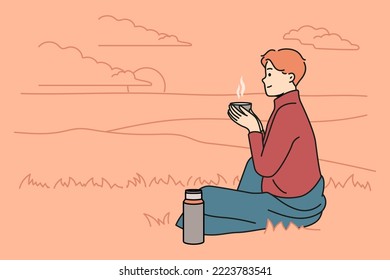 Happy young man sitting in nature drinking tea from thermos. Smiling enjoy warm coffee on hill outdoors. Relaxation concept. Vector illustration. 