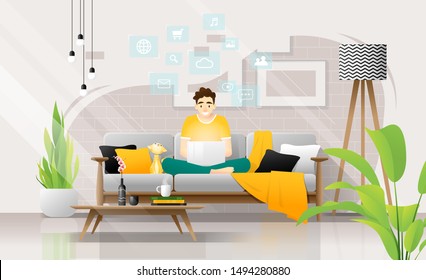 Happy young man sitting on sofa with laptop in living room, working at home ,vector , illustration