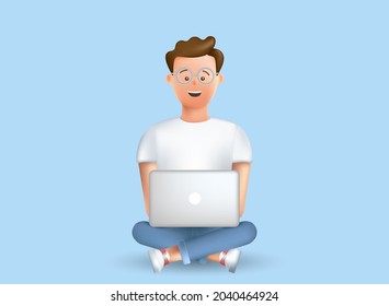 Happy young man sitting on the floor. Laptop on his knees. Work, study at home. Freelancer. The course of study. Video conference. The concept of remote work, access. Vector 3D business illustration.