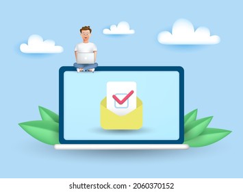 Happy young man sitting on PC. Laptop on his knees. Work, study at home. Freelancer. The course of study. Video conference. Mail. The concept of remote work, access. Vector 3D business illustration.