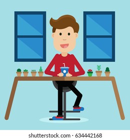 Happy Young man sitting and relaxing at coffee shop with coffee cup and cactus. Cartoon Drinking coffee vector illustration.  