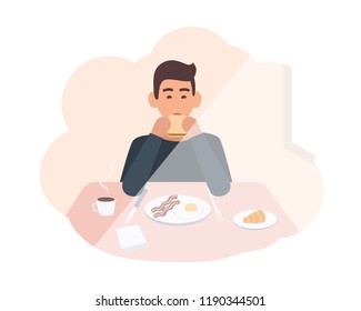 Happy young man sitting at table and eating delicious morning meal. Male character having breakfast at home. Smiling boy chewing sandwich. Colorful vector illustration in flat cartoon style.