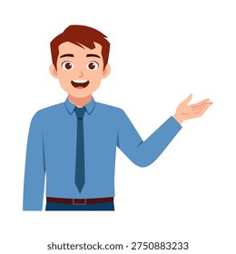A happy young man smiling broadly presenting or explaining with an open hand gesture in a blue shirt
