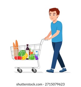 Un joven feliz sonriendo y caminando mientras empuja una ilustración completa del Carrito de compras de la compra