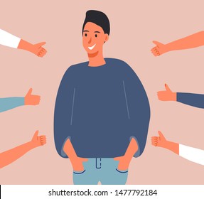 Happy young man is standing and he is surrounded by hands with thumbs up. Scene of public approval and appreciation of friends, coworkers.  Cartoon concept vector of acknowledgment and recognition.