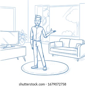 Happy young man standing in modern living room and presenting new home. Hand drawn blue line art cartoon vector illustration. 