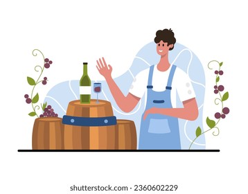 Happy young man standing near barrel with glass wineglass and alcohol drink. Young people dealing with winemaking process. Vector flat illustration in cartoon style in blue and brown colors