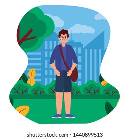 happy young man standing in the park city vector illustration