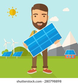 A happy young man standing while holding a solar panel under the heat of the sun. A Contemporary style with pastel palette, soft blue tinted background with desaturated clouds. Vector flat design