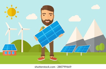 A happy young man standing while holding a solar panel under the heat of the sun. A Contemporary style with pastel palette, soft blue tinted background with desaturated clouds. Vector flat design