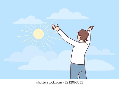 Happy young man stretch hands welcome sun in nature. Smiling female recovered from psychological mental problems excited with happy life. Vector illustration. 