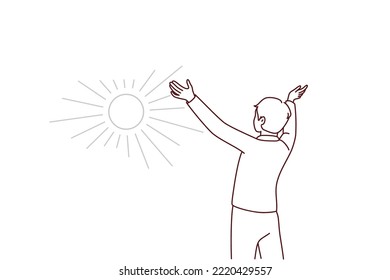 Happy young man stretch hands welcome sun in nature. Smiling female recovered from psychological mental problems excited with happy life. Vector illustration.