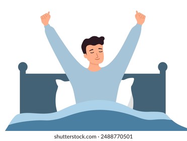 Happy young man stretch waking up in home bedroom. Smiling guy with good morning in bed.