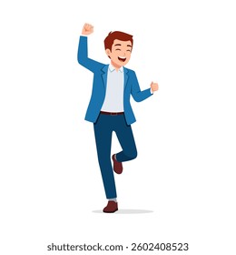 Happy Young Man in Suit Celebrating with Arm Raised and Smiling with Success