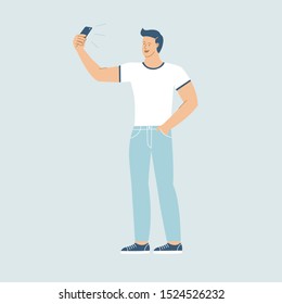 Happy young man talking selfie on smartphone. Funny cartoon flat vector illustration. Character on isolated background.