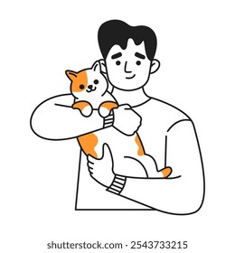 Hombre joven feliz tiernamente sostiene el icono lineal del color del gato amado. El tipo disfruta del tiempo con la mascota linda que irradia la felicidad doodle ilustración simple