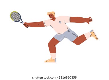 Happy young man with tennis racket flat style, vector illustration isolated on white background. Decorative design element, sport and hobby, active lifestyle, emotional tennis player