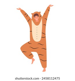 Happy young man in tiger onesie costume for carnival dancing, guy on pajama party vector illustration