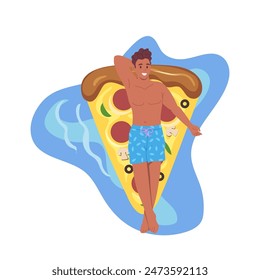 Personaje de dibujos animados turístico del joven feliz que toma el sol flotando en el colchón inflable de goma de la pizza