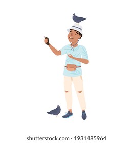 Happy Young Man Tourist Making Selfie with Pigeon Sitting on his Head, Man Travelling on Summer Vacation Cartoon Vector Illustration